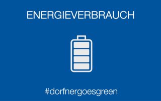 Energieverbrauchs-Logo in Form von einer aufgeladenen Batterie von der Firma Dorfner mit der Unterschrift #dorfnergoesgreen
