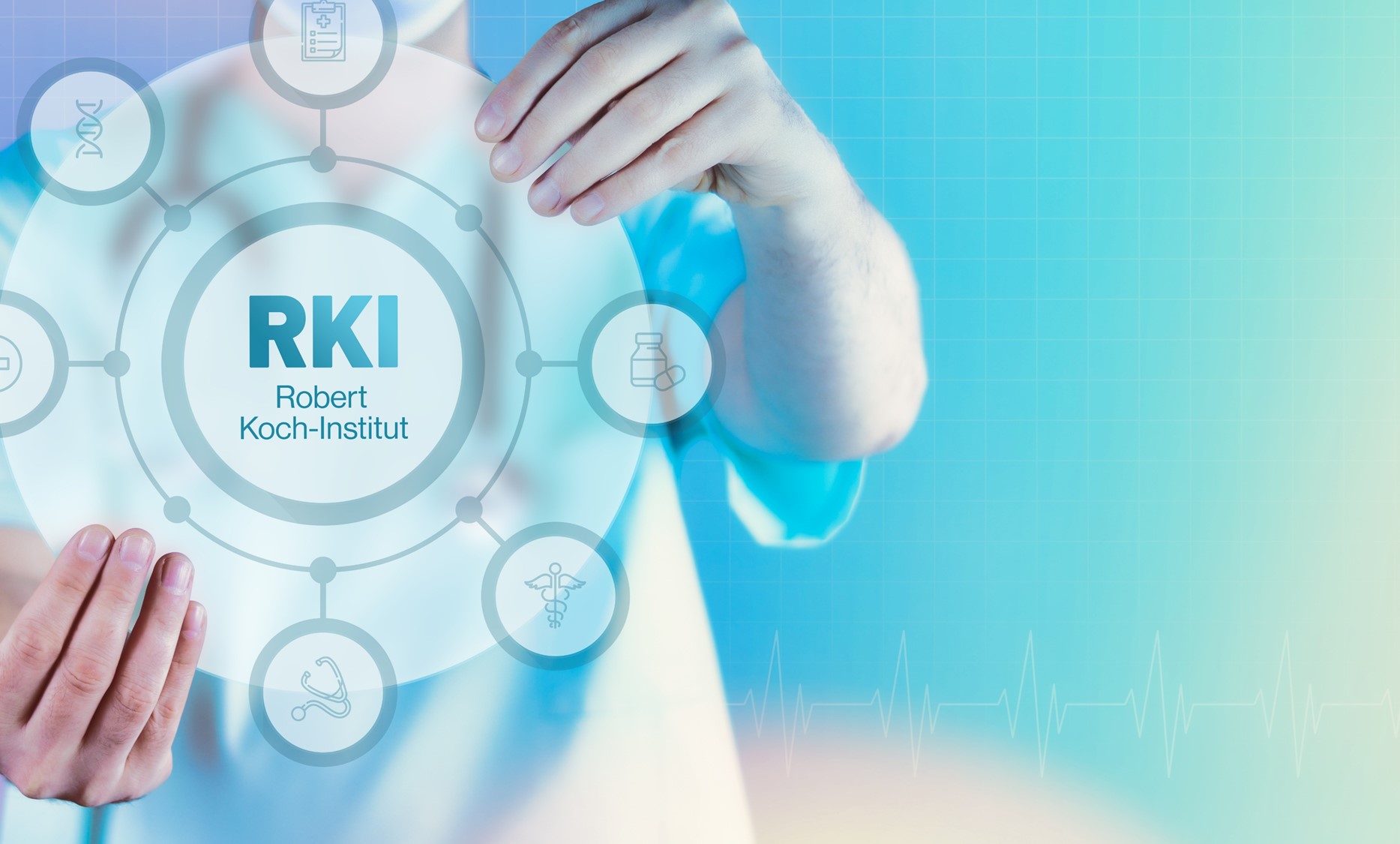 Hände halten ein digitales Rad mit Symbolen aus der Gesundheitsbranche. Innerhalb des Rades steht "RKI Robert Koch Institut"