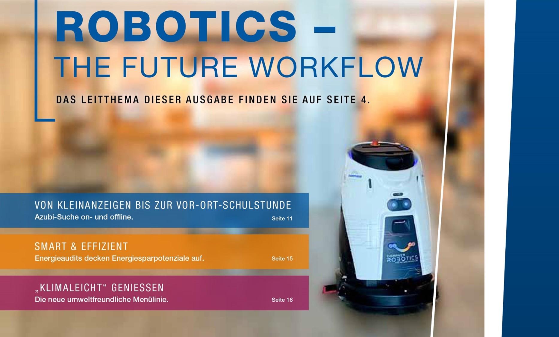 Das Cover des Kunden- und Mitarbeitermagazins con[takt zeigt einen Reinigungsroboter. Es ist die erste Ausgabe für 2023.